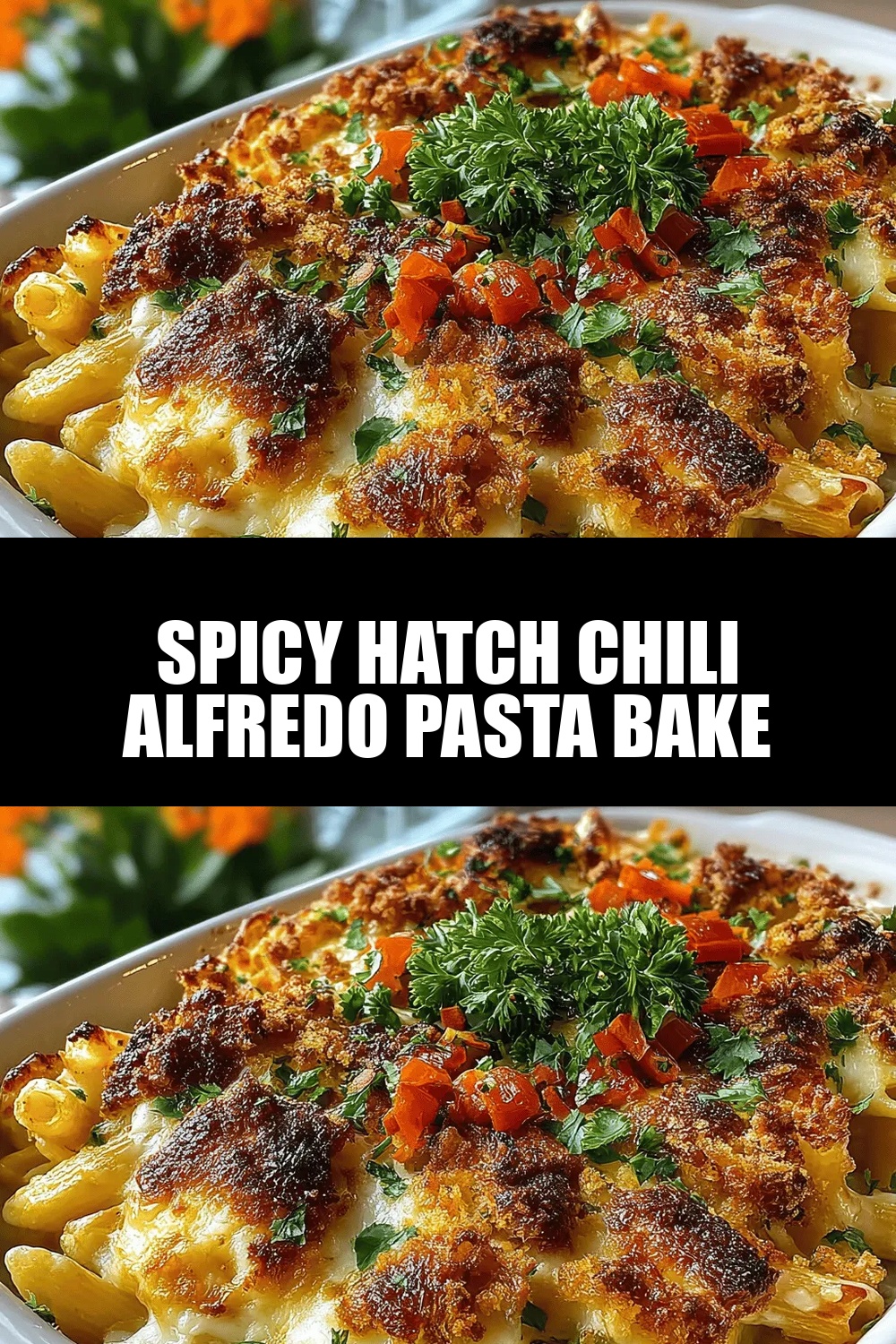 Spicy Hatch Chili Alfredo Pasta Bake