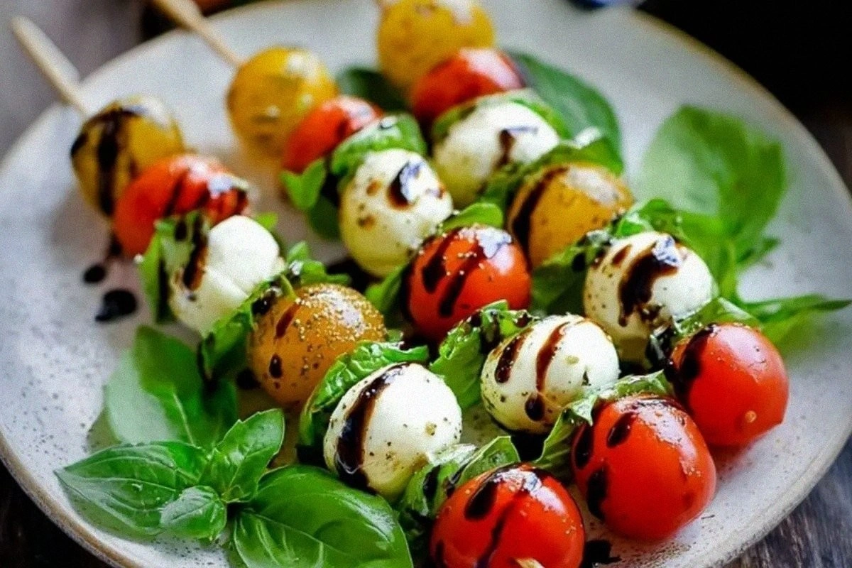 Caprese Skewers with basil drizzle