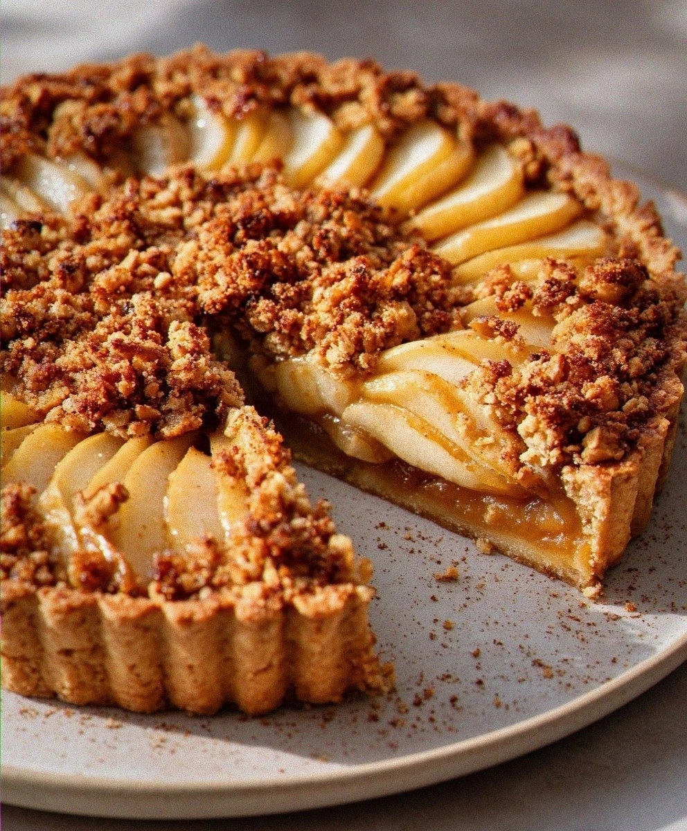 Chai Spiced Pear Almond Crumble Tart