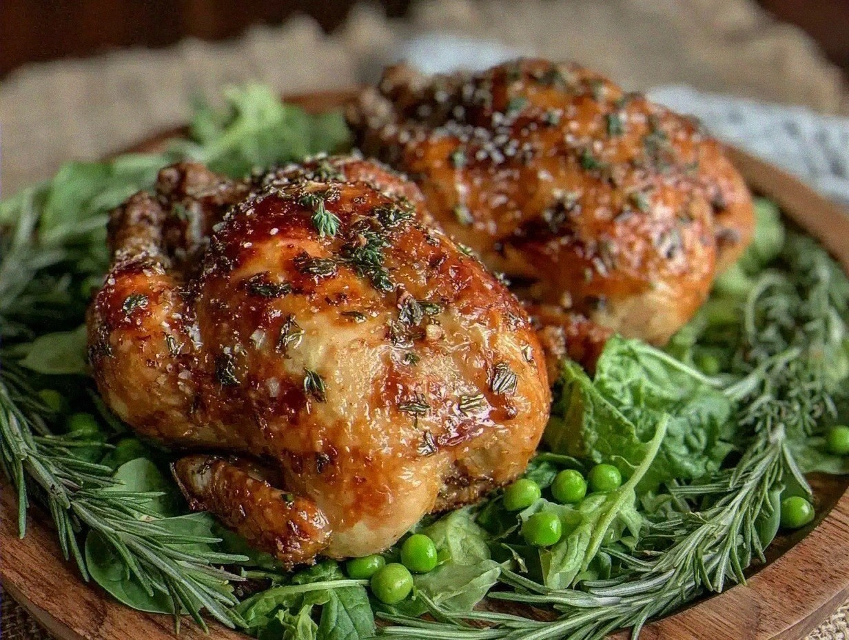 Crispy Herbed Butter Roasted Cornish Hens Recipe with Easy Spring Greens