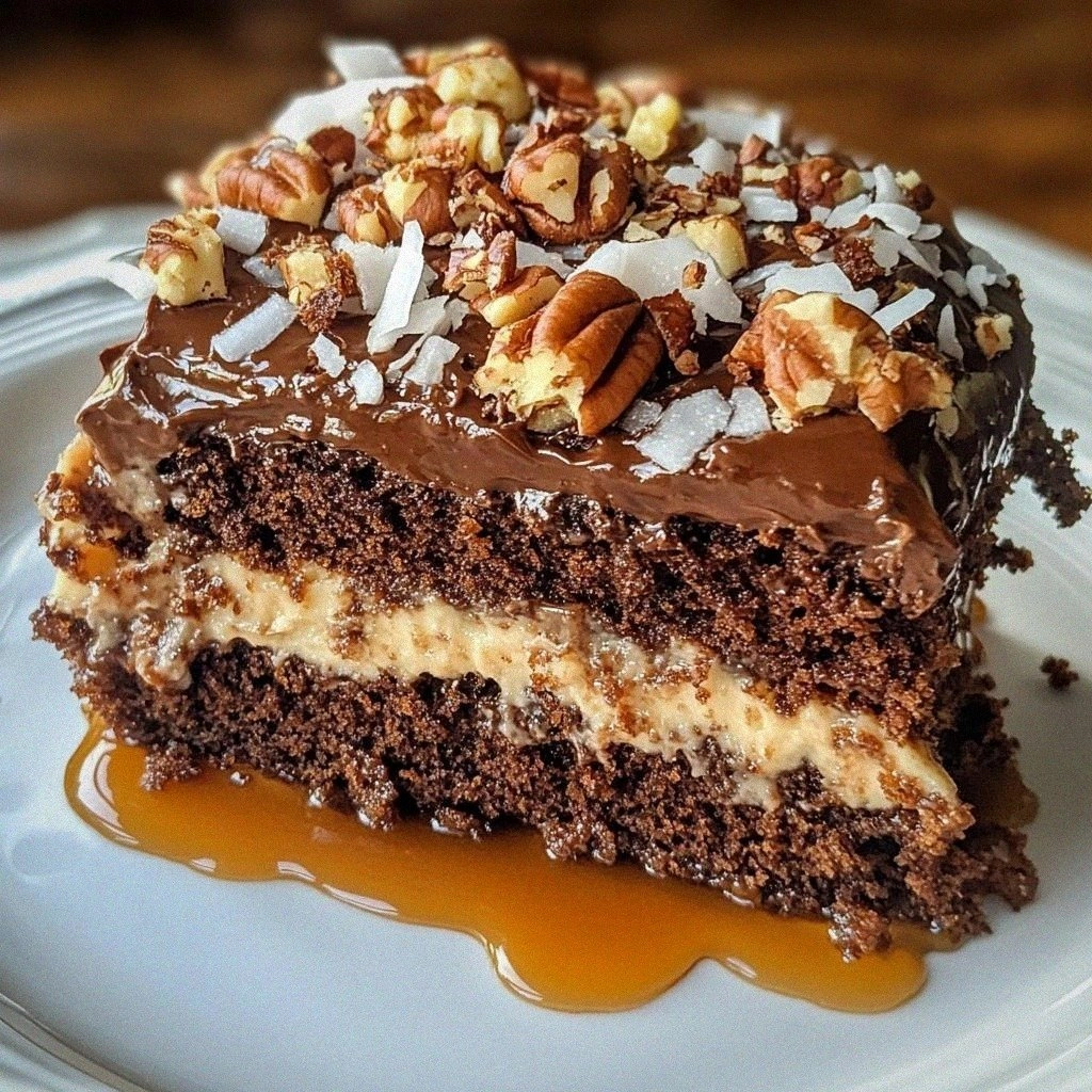 Delight in 1 Incredible Moist Chocolate Poke Cake with Coconut Pecan Topping