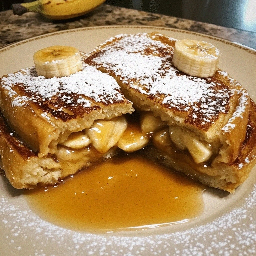 Honey Butter Banana Foster Stuffed French Toast with Cinnamon Sauce