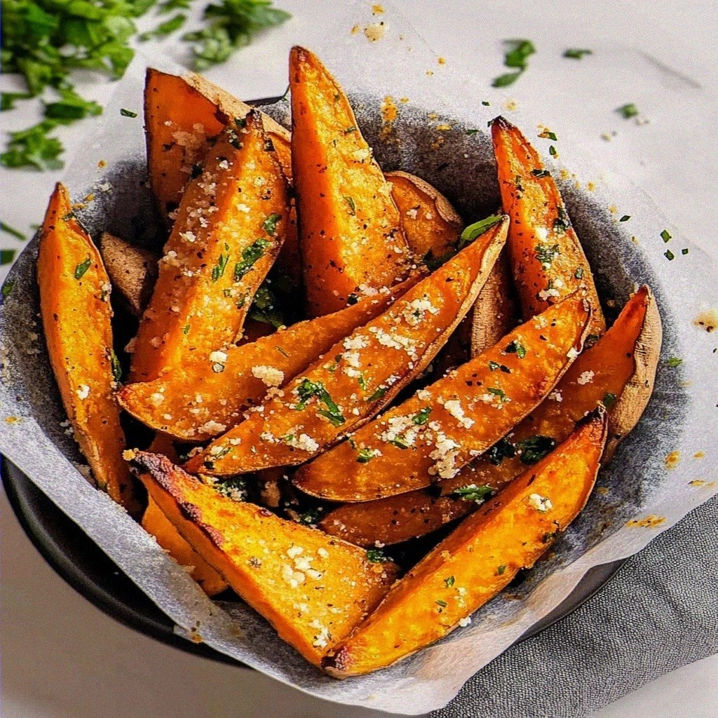 Irresistible Savory Garlic and Parmesan Sweet Potato Wedges