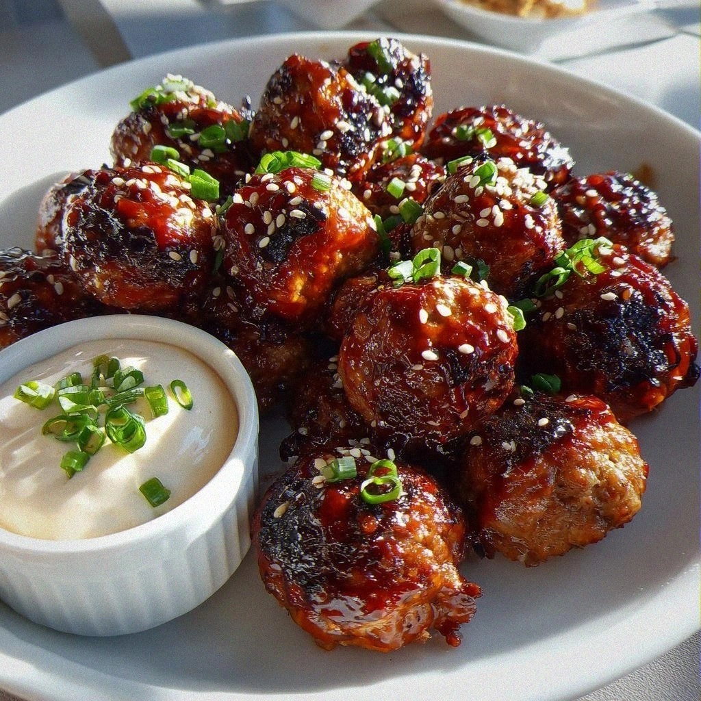 Korean BBQ Meatballs with Spicy Mayo Dip