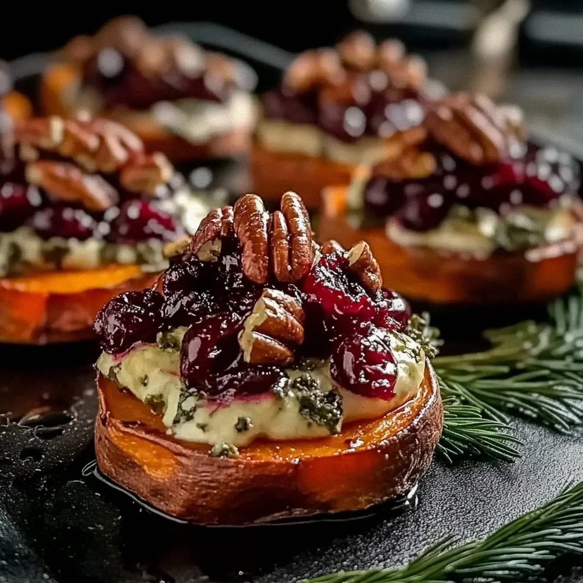 Tasty Sweet Potato Rounds with Brie and Cranberries Delight