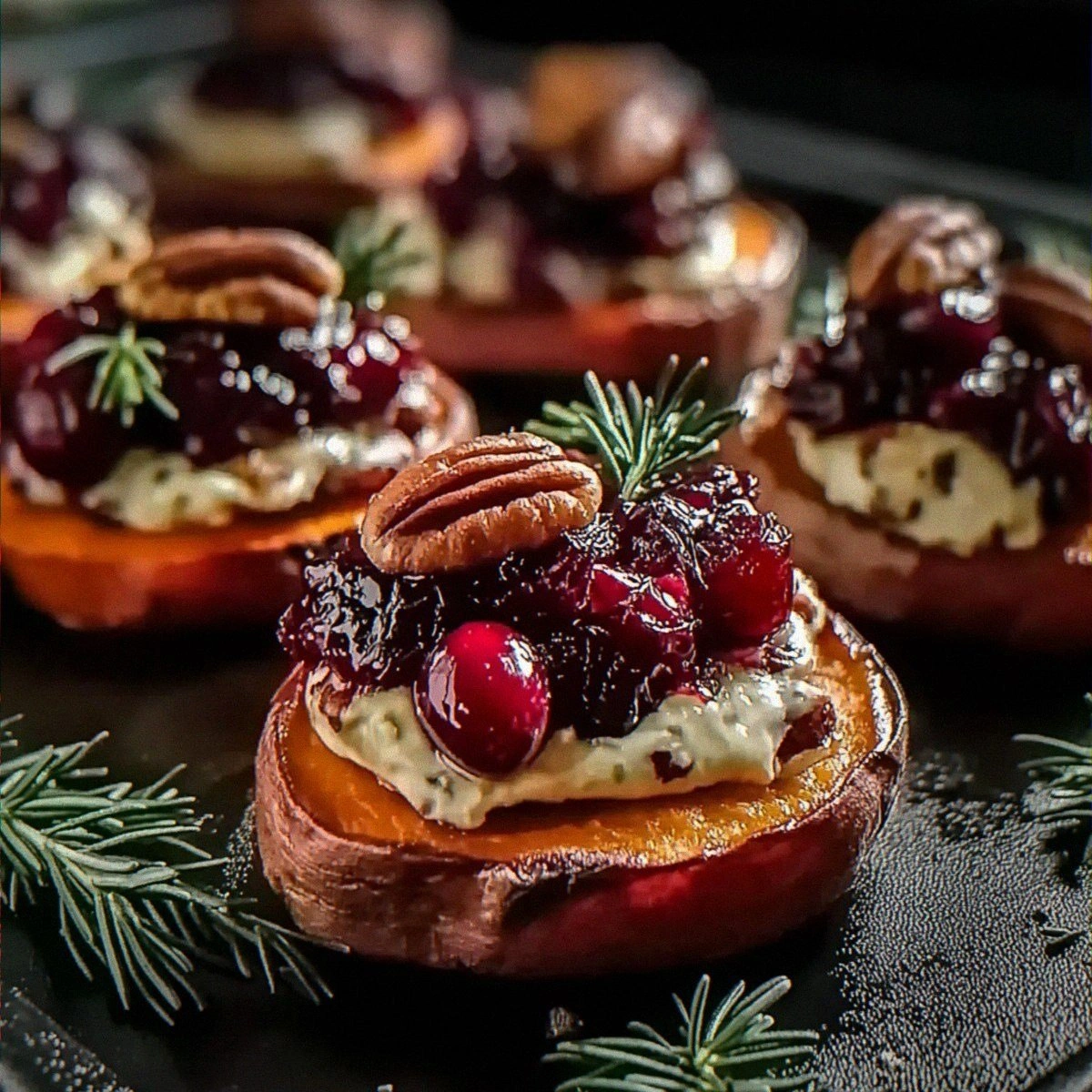 Tasty Sweet Potato Rounds with Brie and Cranberries Delight