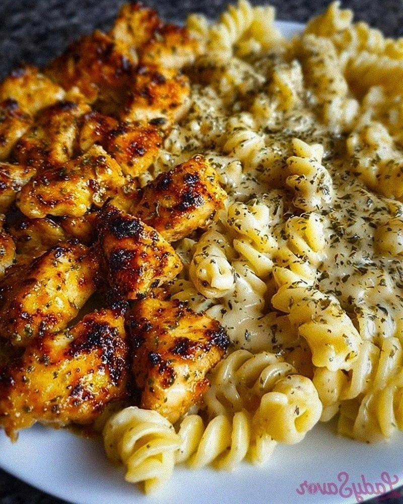 Alfredo Twisted Pasta with Golden Garlic Butter Chicken in Sauce
