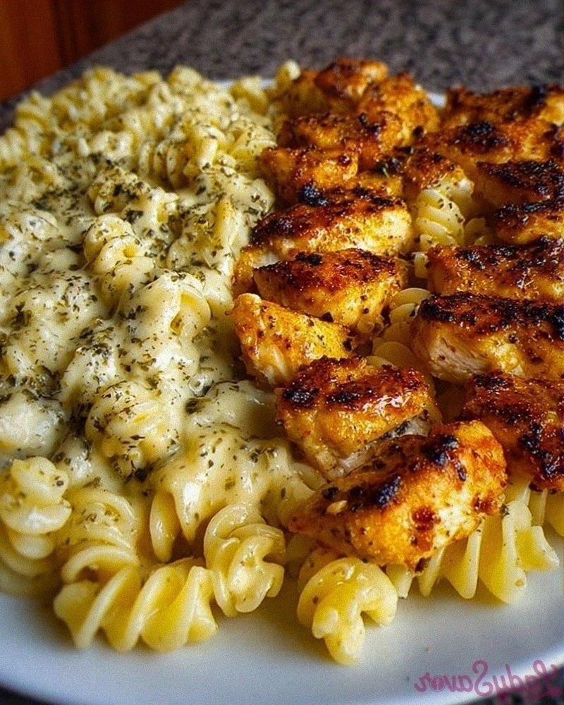 Alfredo Twisted Pasta with Golden Garlic Butter Chicken in Sauce