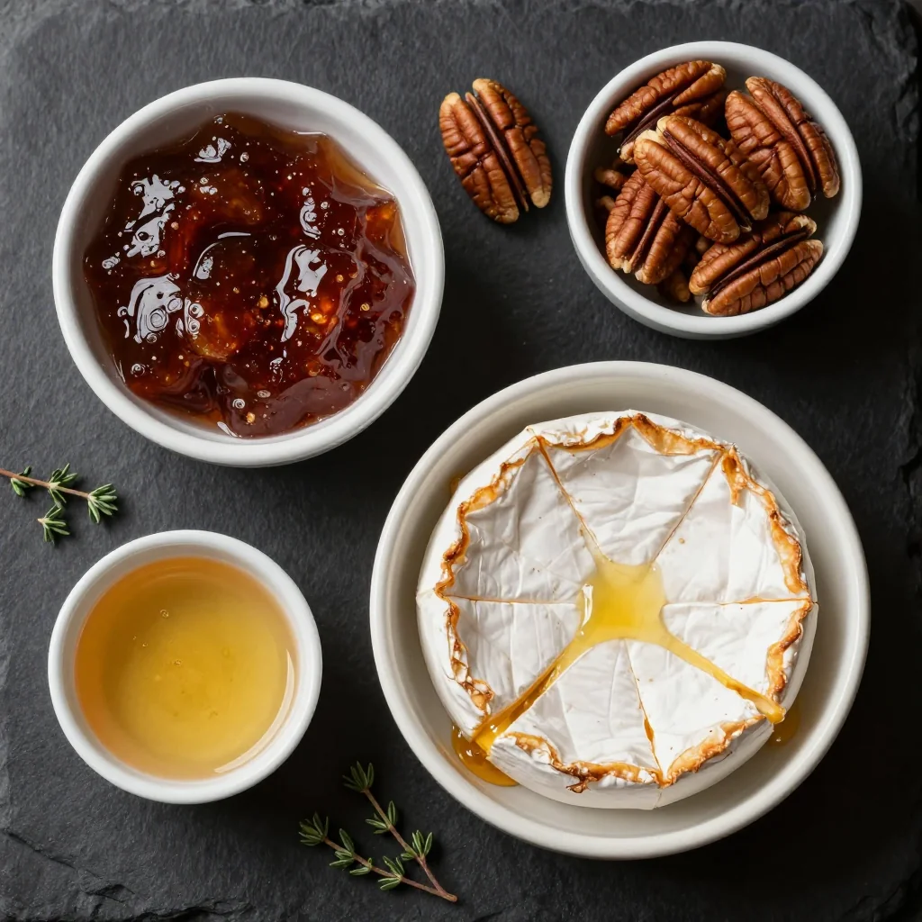 Ingredients for baked brie with fig jam and toasted pecans