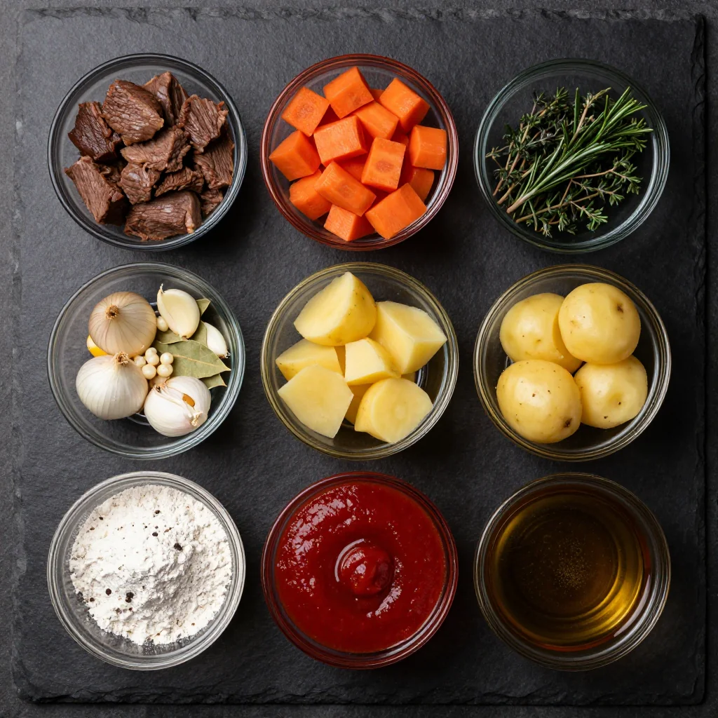 Ingredients for batch cook beef stew with winter veggies for easy family dinners