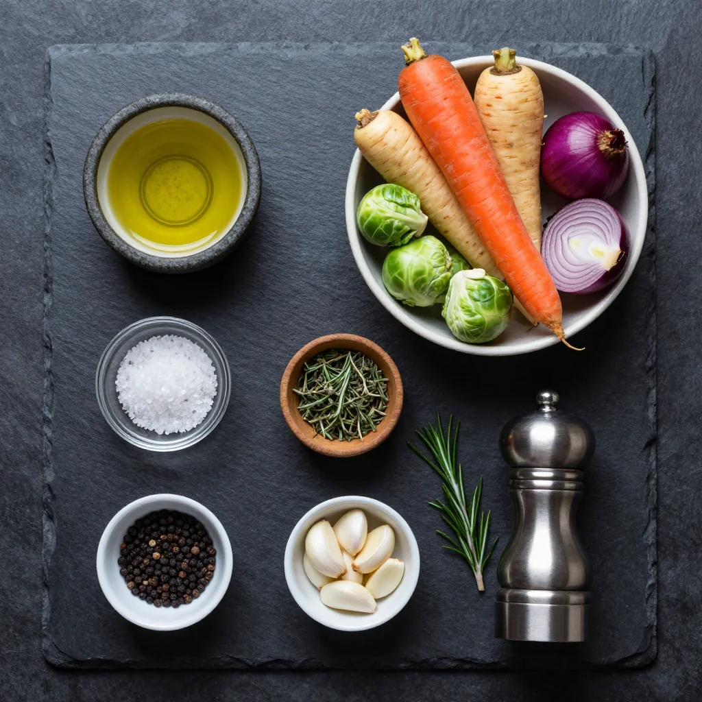 A parchment-lined sheet pan overflowing with raw diced winter vegetables and tiny bowls of herbs