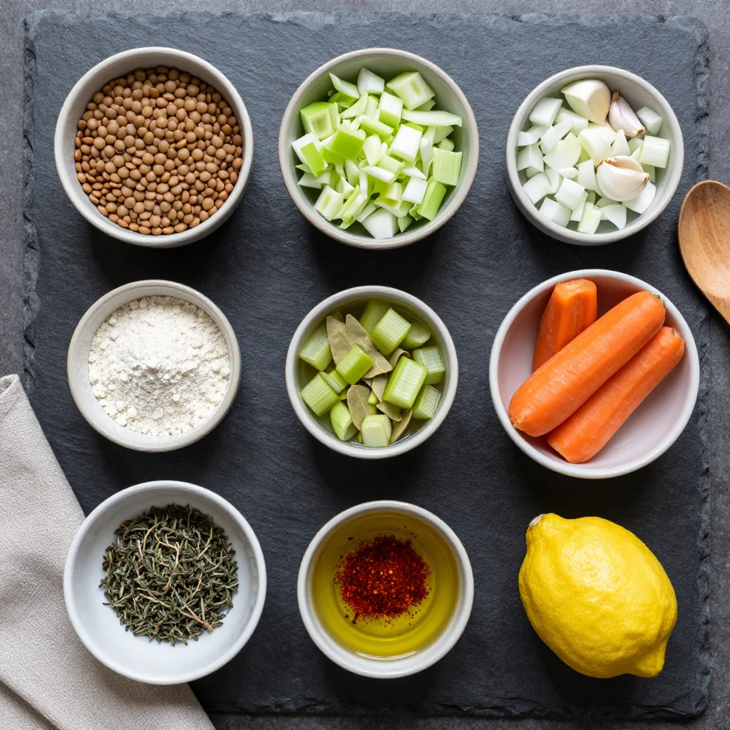 Ingredients for batch cooking lentil and cabbage soup for family winter meals