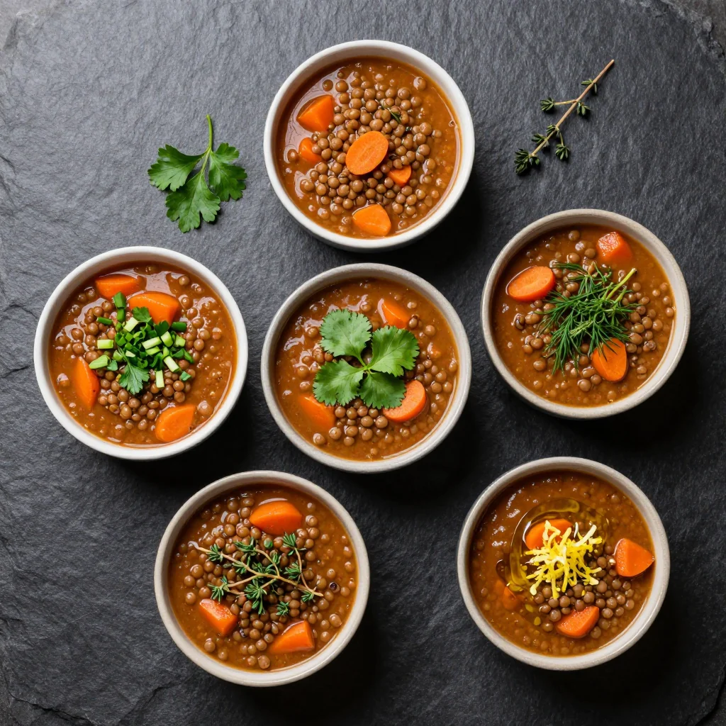 Ingredients for batchcooked lentil and carrot stew with fresh herbs for quick dinners