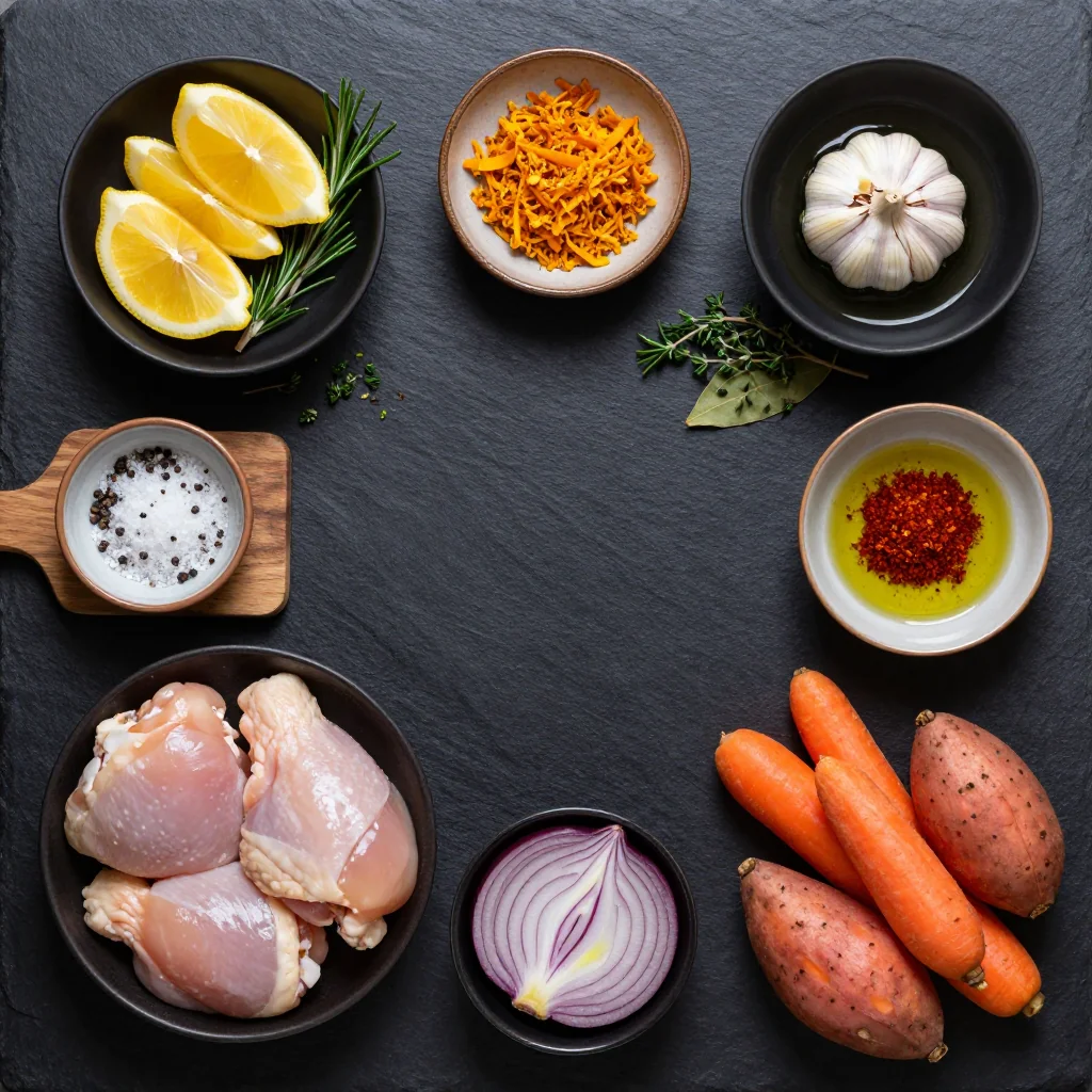 Ingredients for bright citrus and herb roasted chicken with root vegetables for dinner