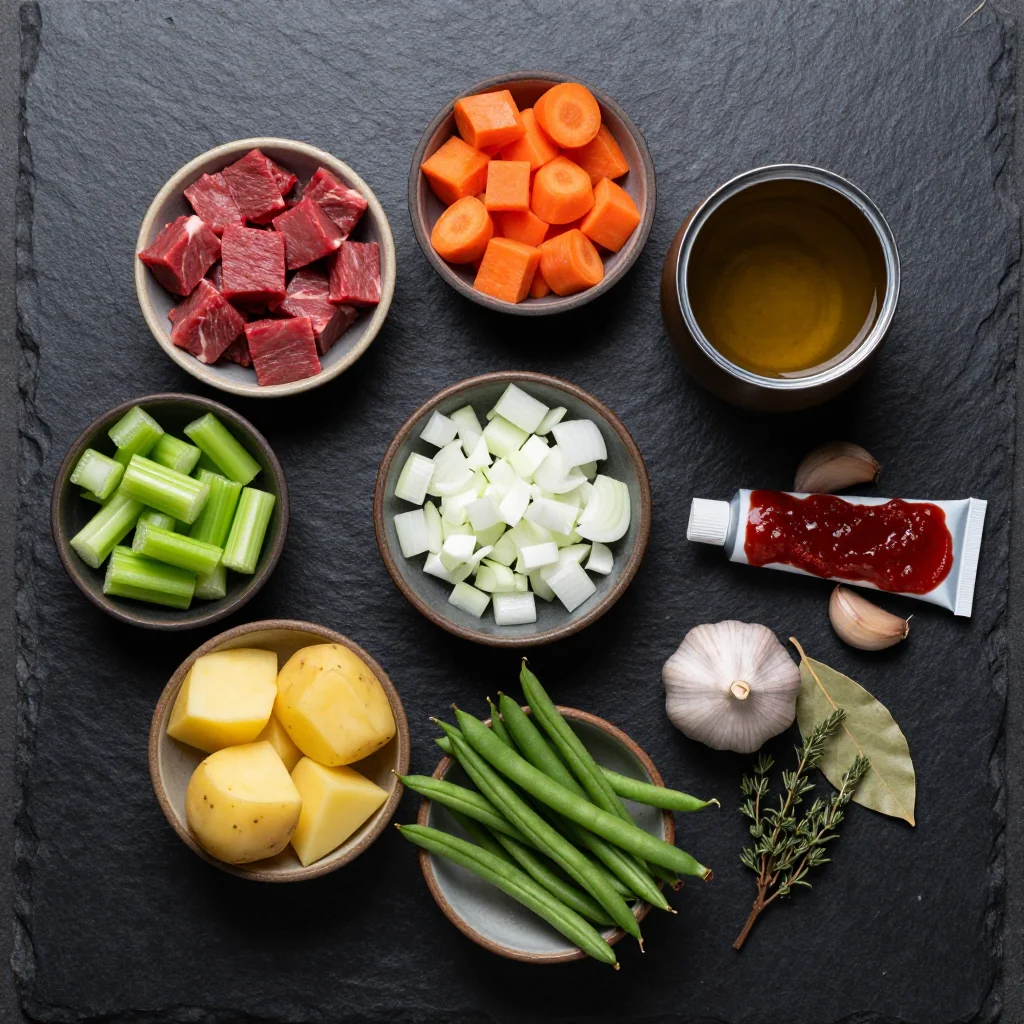 Ingredients for budgetfriendly winter vegetable and beef casserole