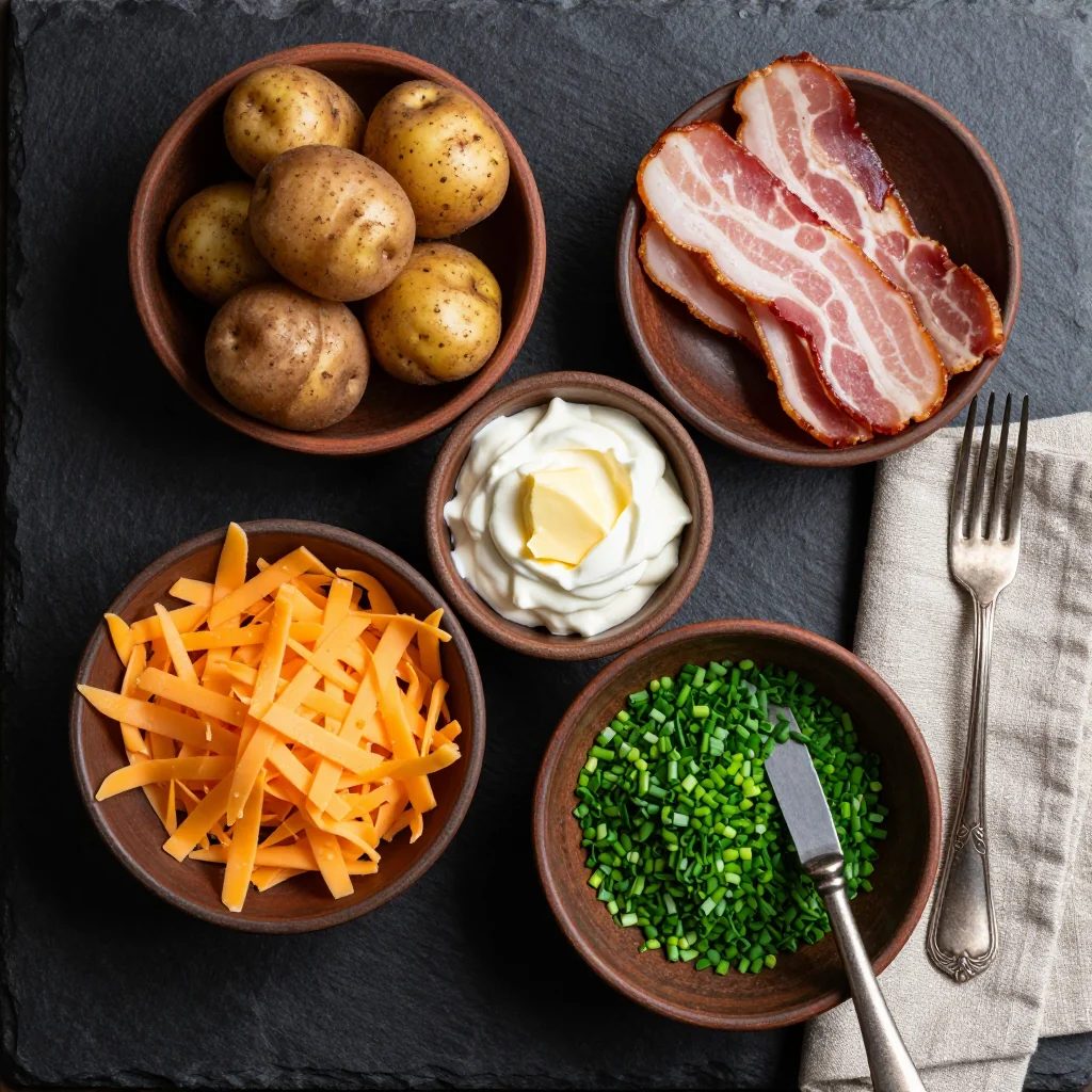 Ingredients for cheesy twice-baked potatoes with bacon and green chives for holiday feasts