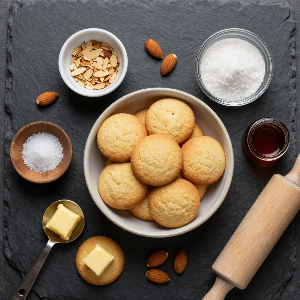 Ingredients for classic butter cookies with almonds for christmas cookie exchange