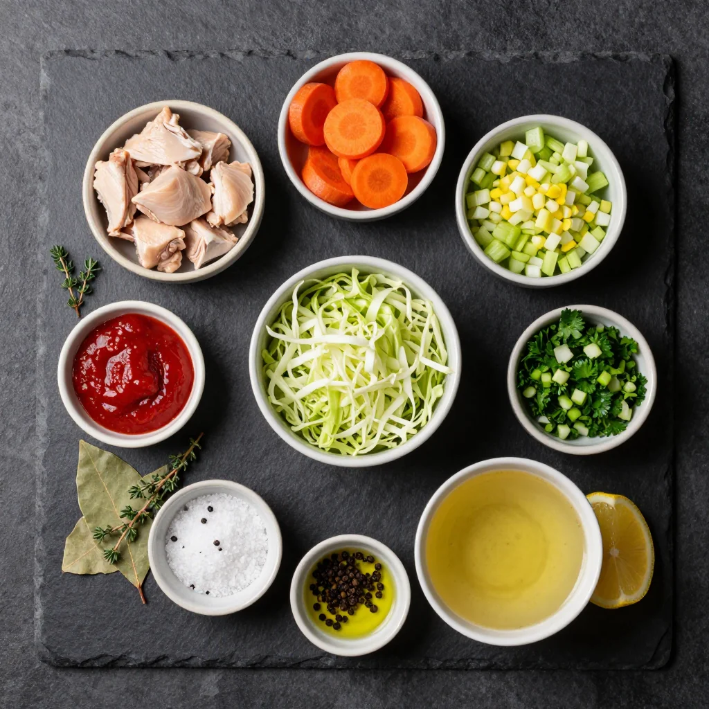 Ingredients for cozy one pot chicken carrot and cabbage stew for cold january nights