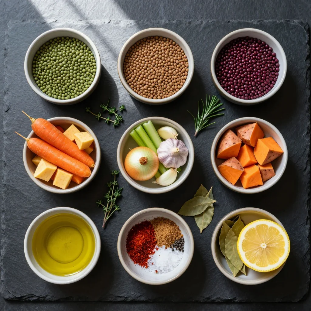 Ingredients for cozy one-pot lentil and root-vegetable stew for winter family meals