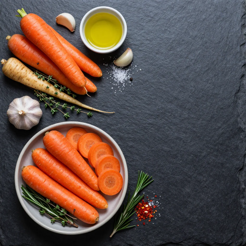 Ingredients for cozy roasted carrot and parsnip medley with garlic and herbs