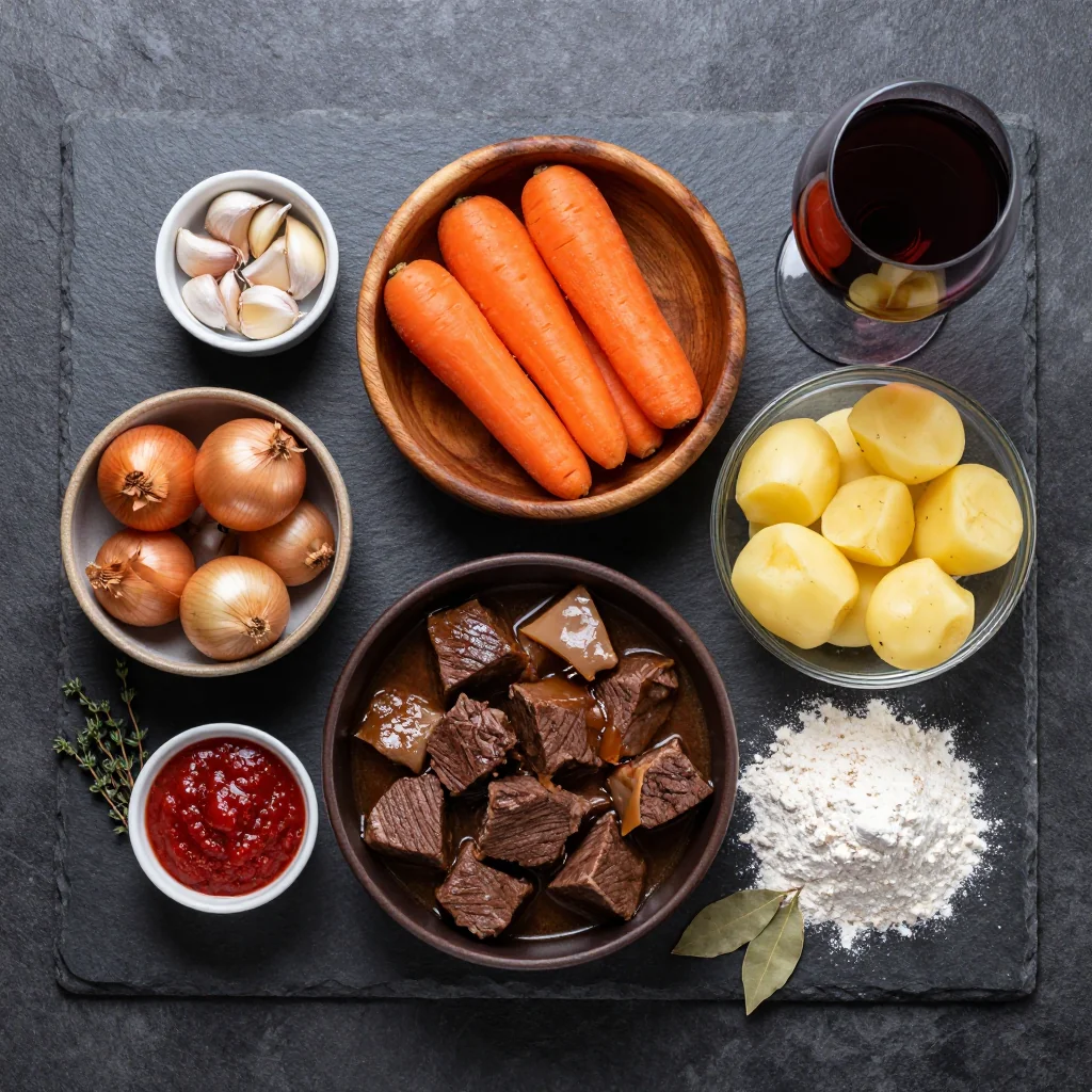 Ingredients for cozy slow cooker beef and vegetable stew with root vegetables