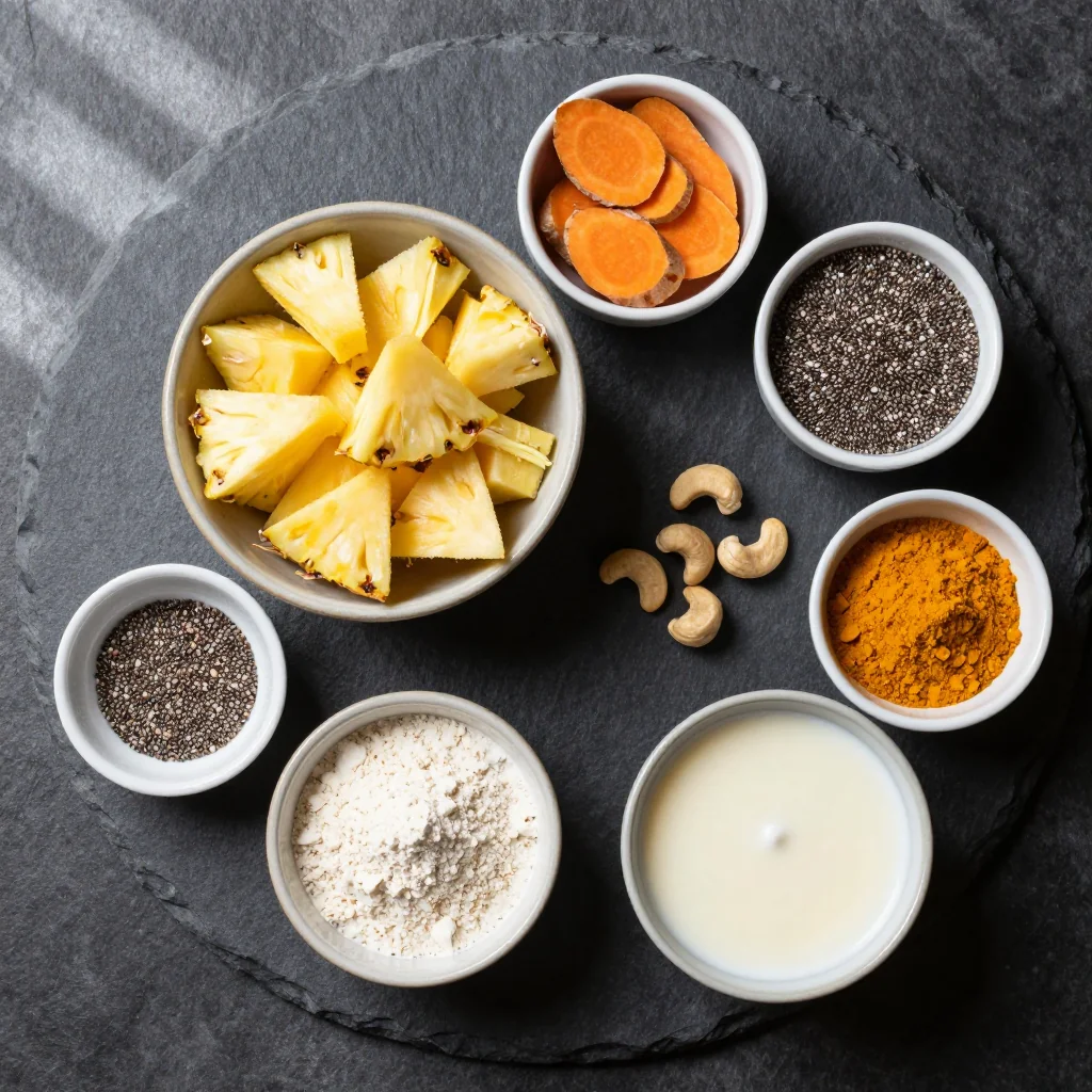 Coconut milk, frozen mango, turmeric root, cinnamon, black pepper, and chia seeds arranged on a marble surface