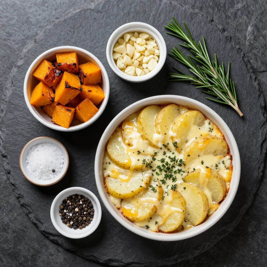 Ingredients for creamy garlic and herb potato gratin with winter squash