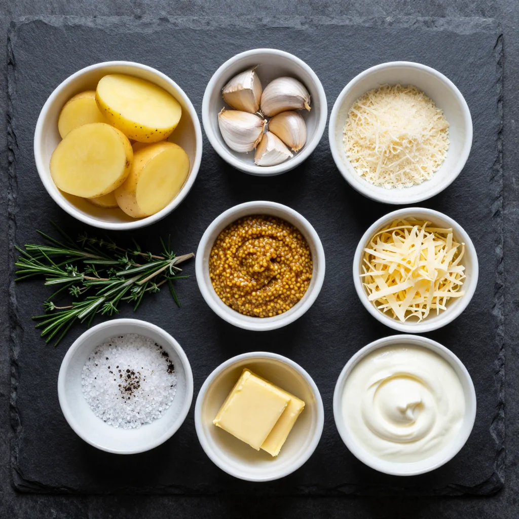 Ingredients for creamy garlic and herb roasted potato gratin for cozy dinners
