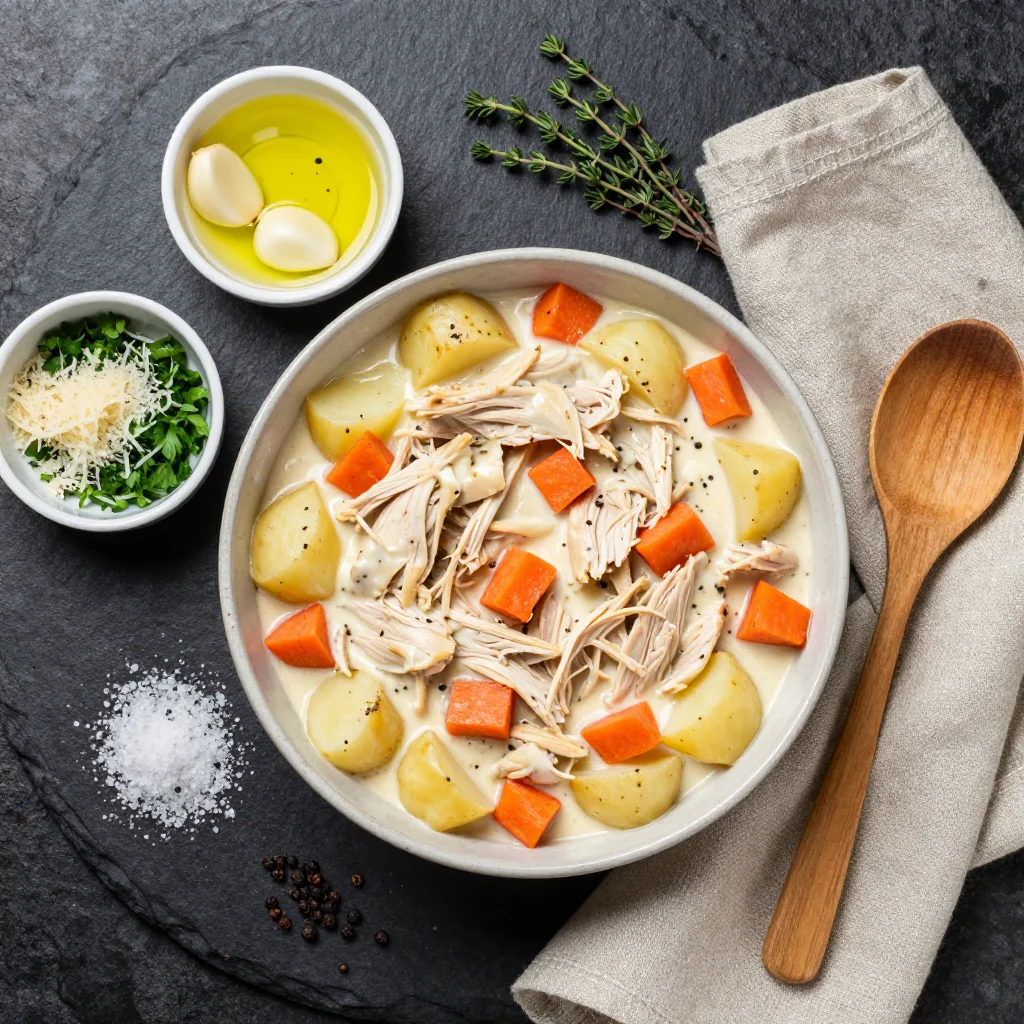 Ingredients for creamy garlic chicken and root vegetable casserole for family meals