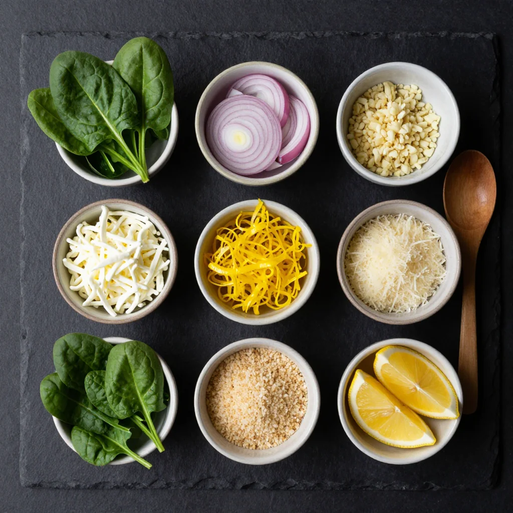 Ingredients for creamy lemon and spinach casserole for light winter dinners