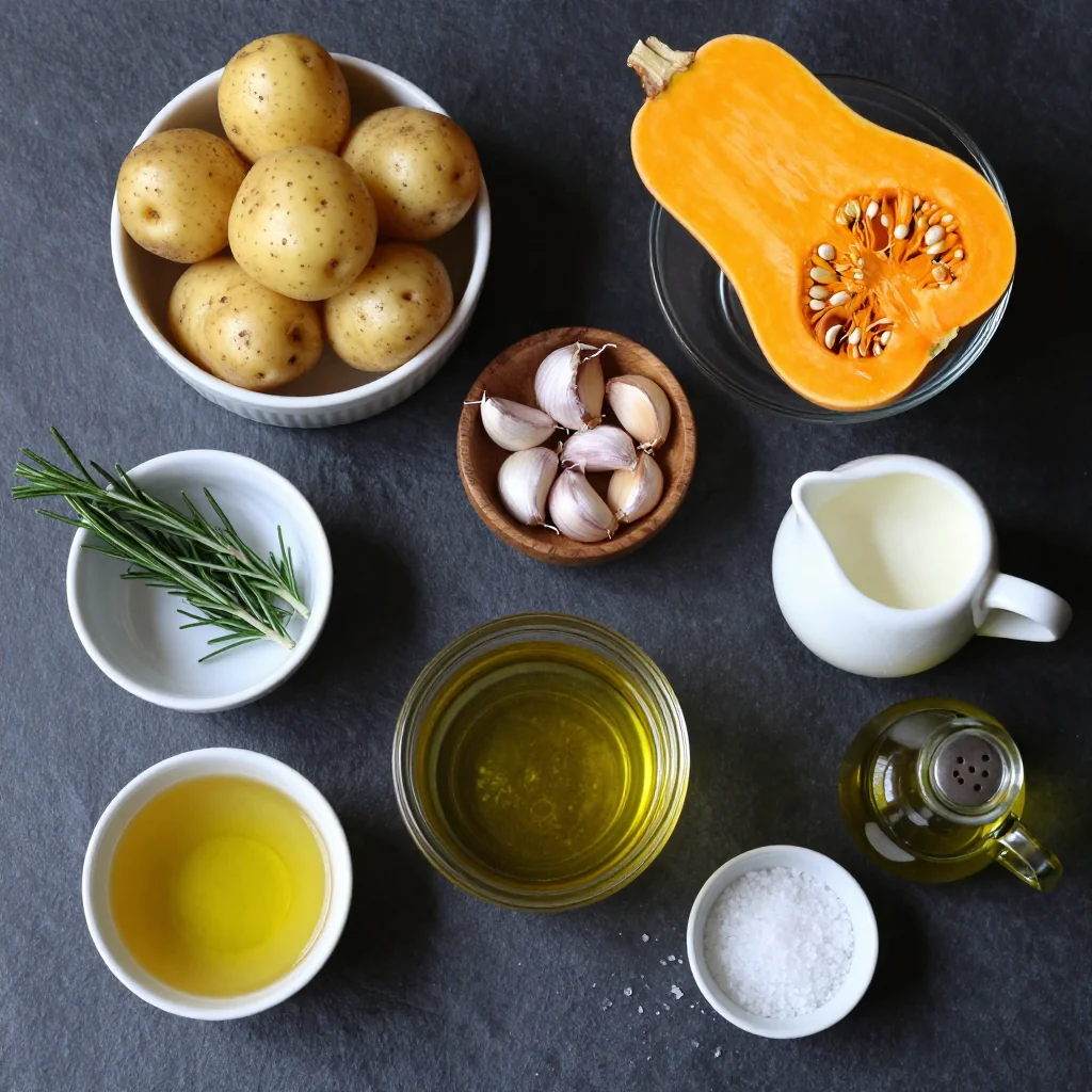 Ingredients for creamy potato and winter squash soup with garlic and rosemary