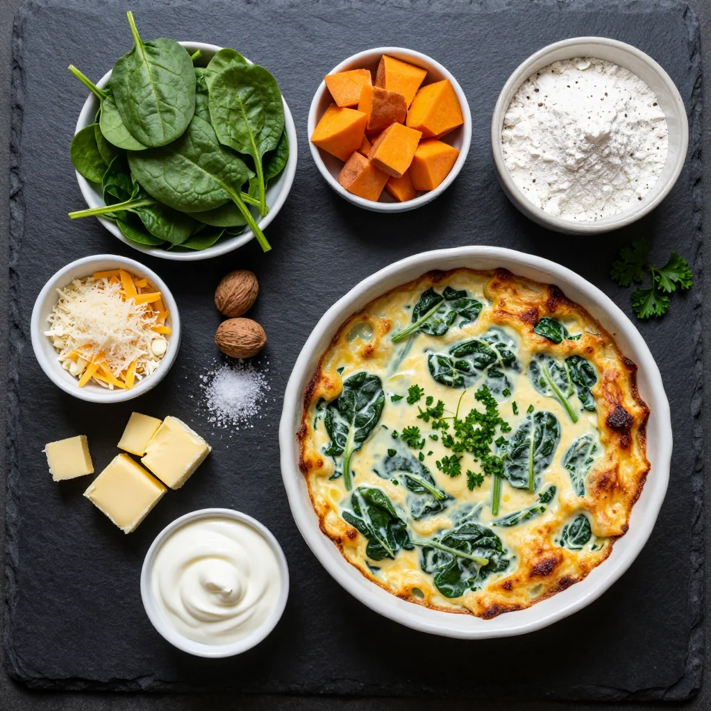 Ingredients for creamy spinach and sweet potato bake for cozy january family dinners