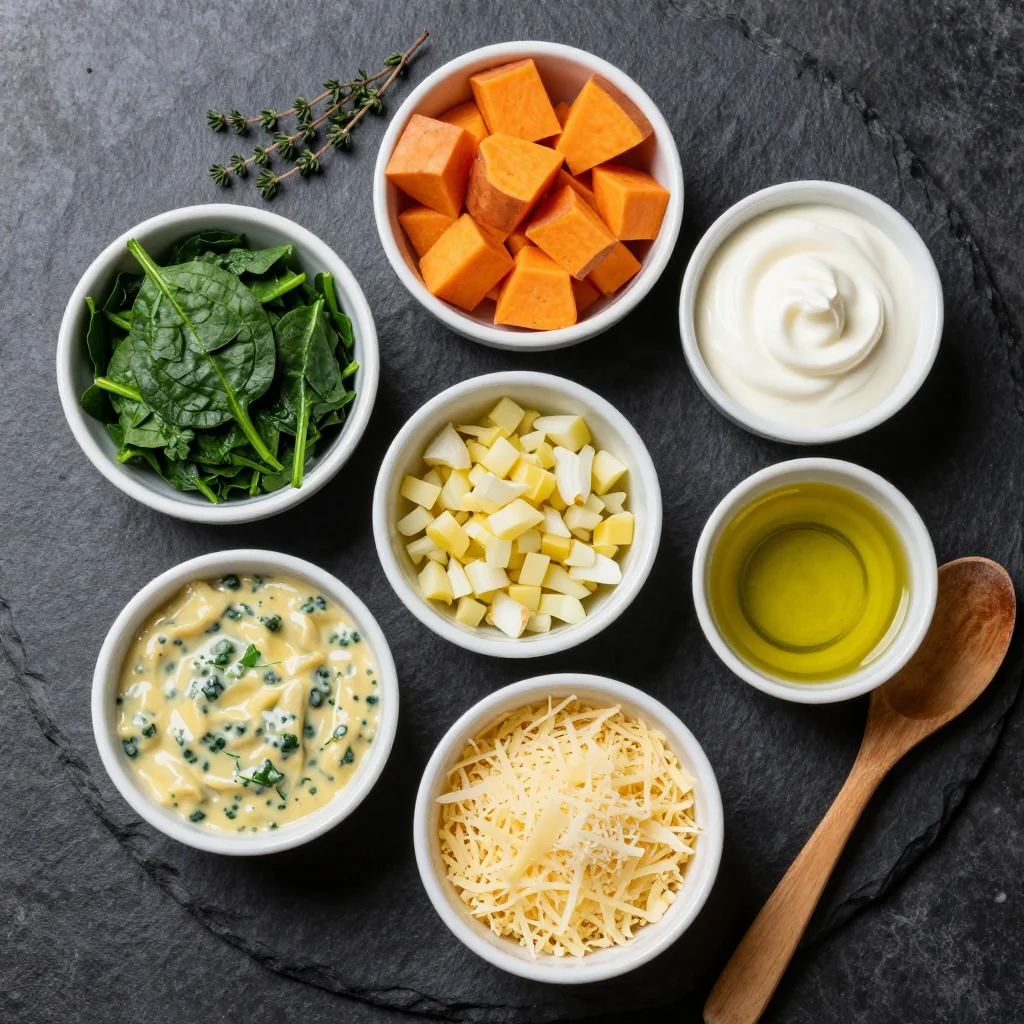 Fresh ingredients arranged for creamy spinach and sweet potato casserole