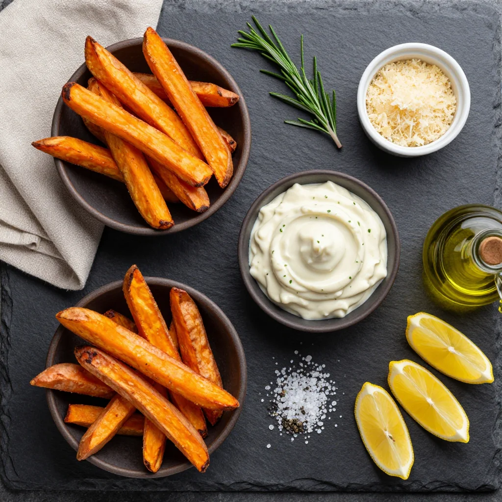 Ingredients for creamy sweet potato fries with rosemary for holiday side dishes