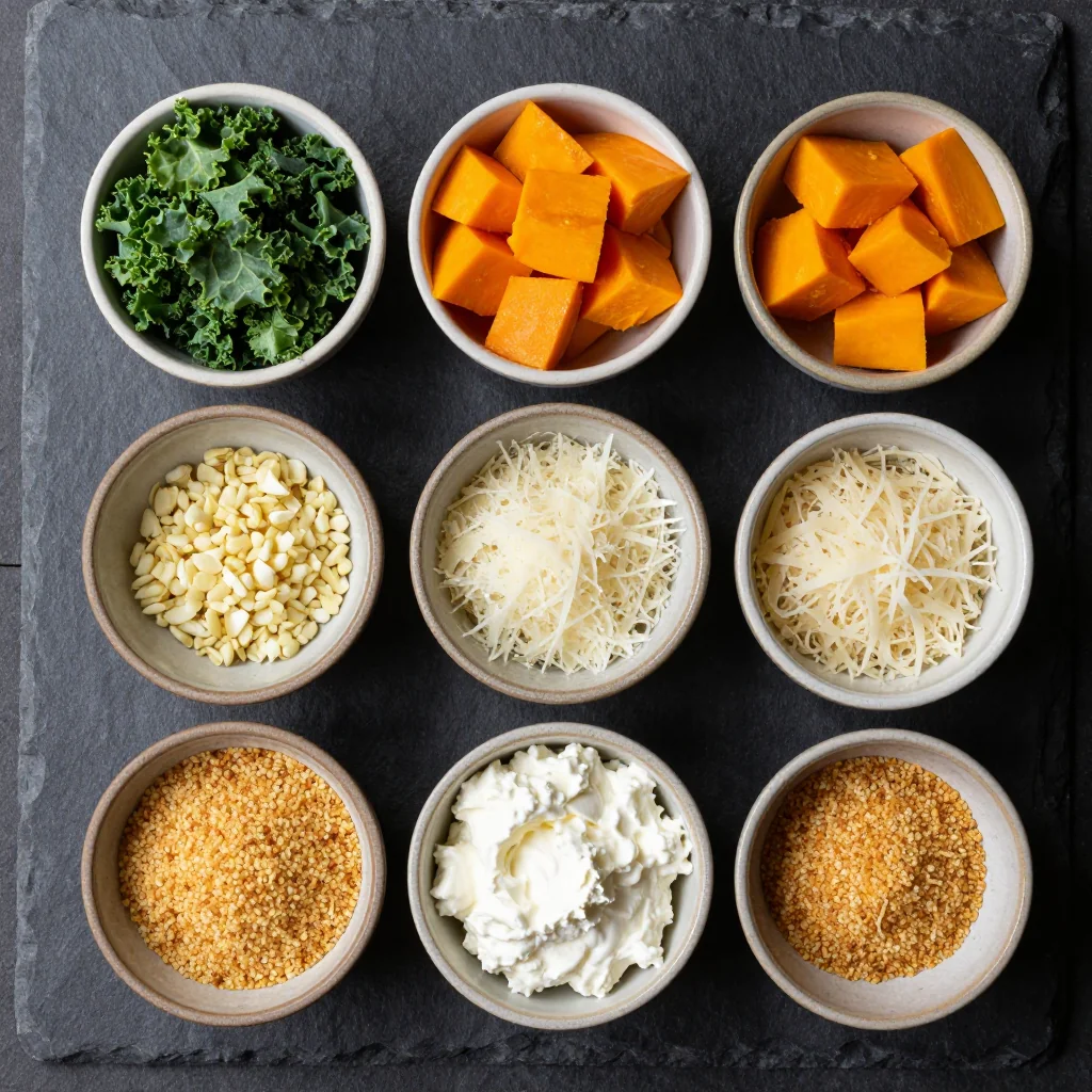Ingredients for easy meal prep butternut squash and kale casserole for cozy winter dinners