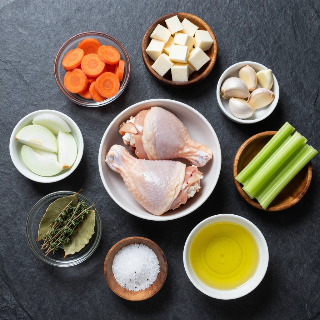 Ingredients for easy meal prep chicken stew with winter vegetables and garlic