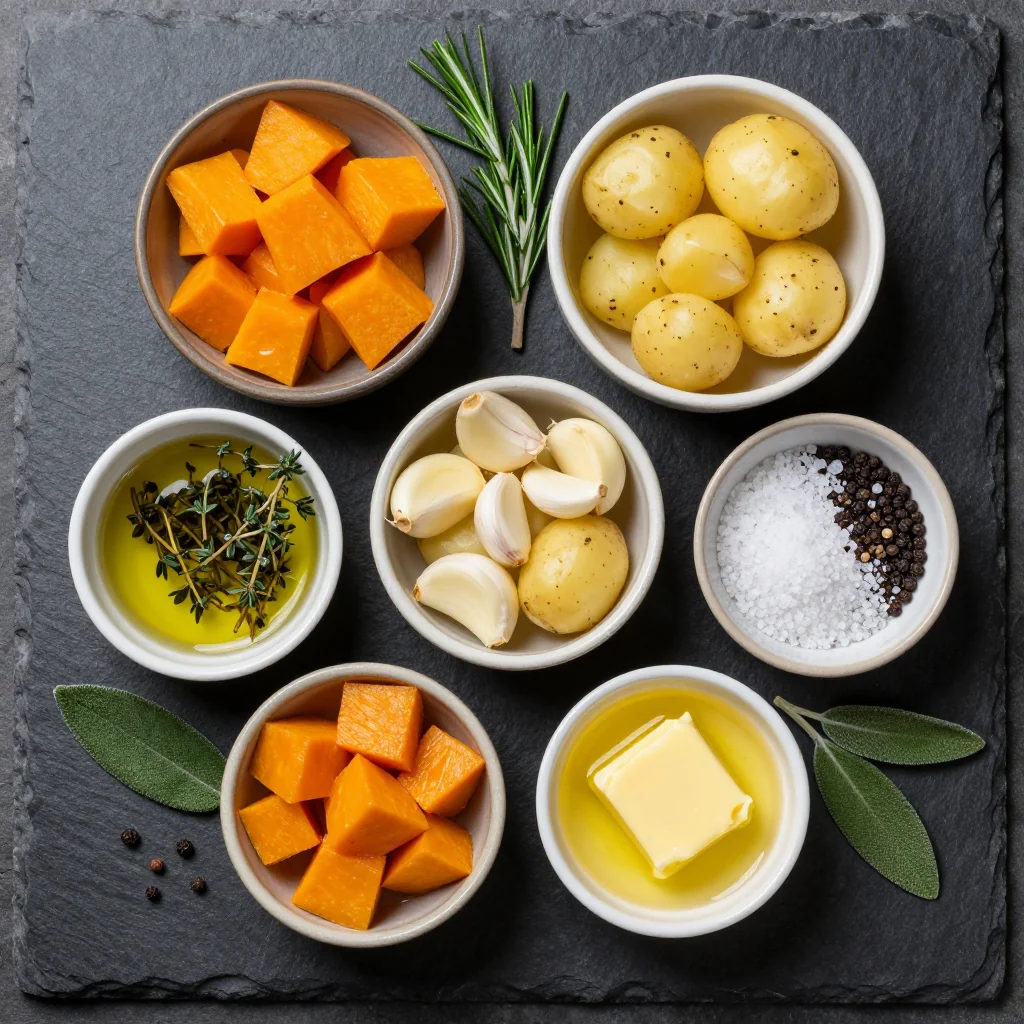 Ingredients for garlic and herb roasted winter squash with potatoes for cozy suppers