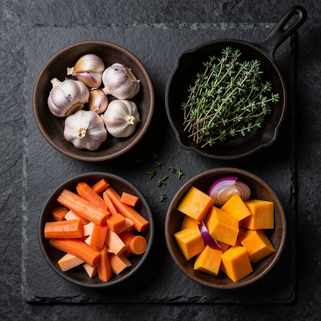 Ingredients for garlic and thyme roasted winter vegetables for family dinners