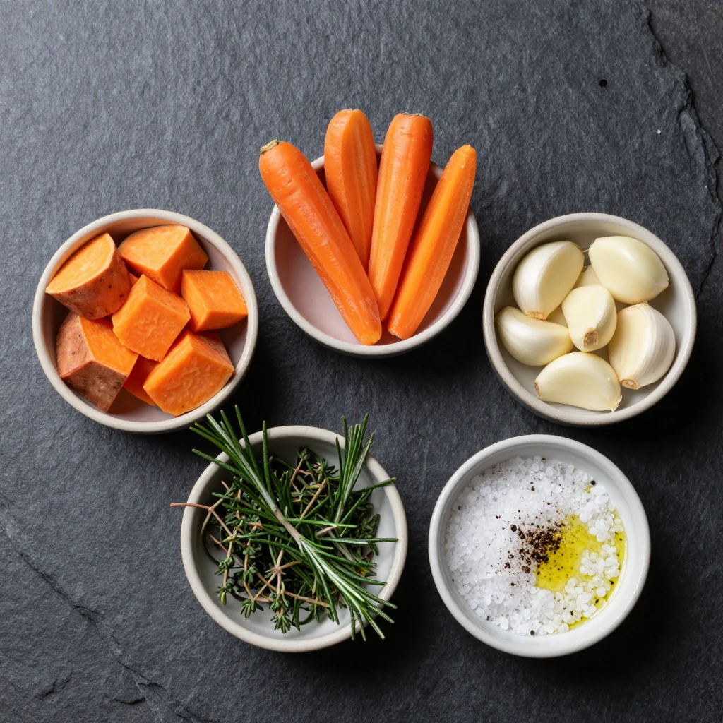 Ingredients for garlic herb roasted sweet potatoes with carrots for winter meals