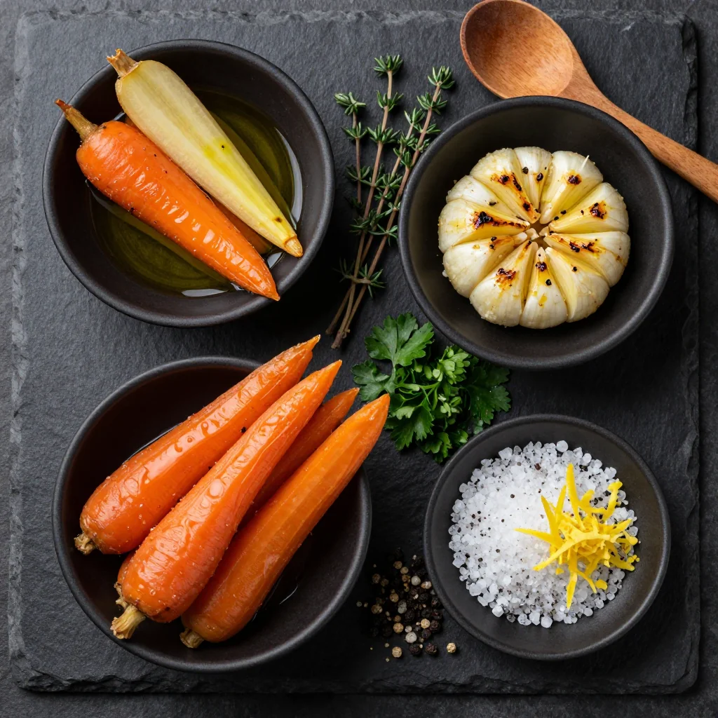 Fresh carrots, parsnips, garlic, and herbs arranged on a wooden cutting board