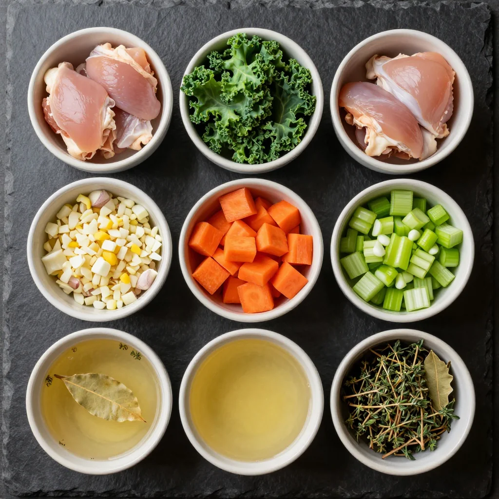 Ingredients for healthy chicken and kale stew for cozy winter family dinners