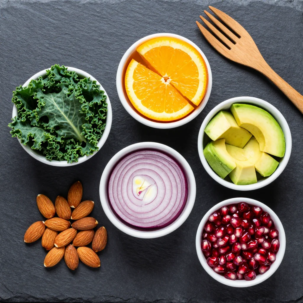 Ingredients for healthy citrus and kale salad with oranges for fresh january meals