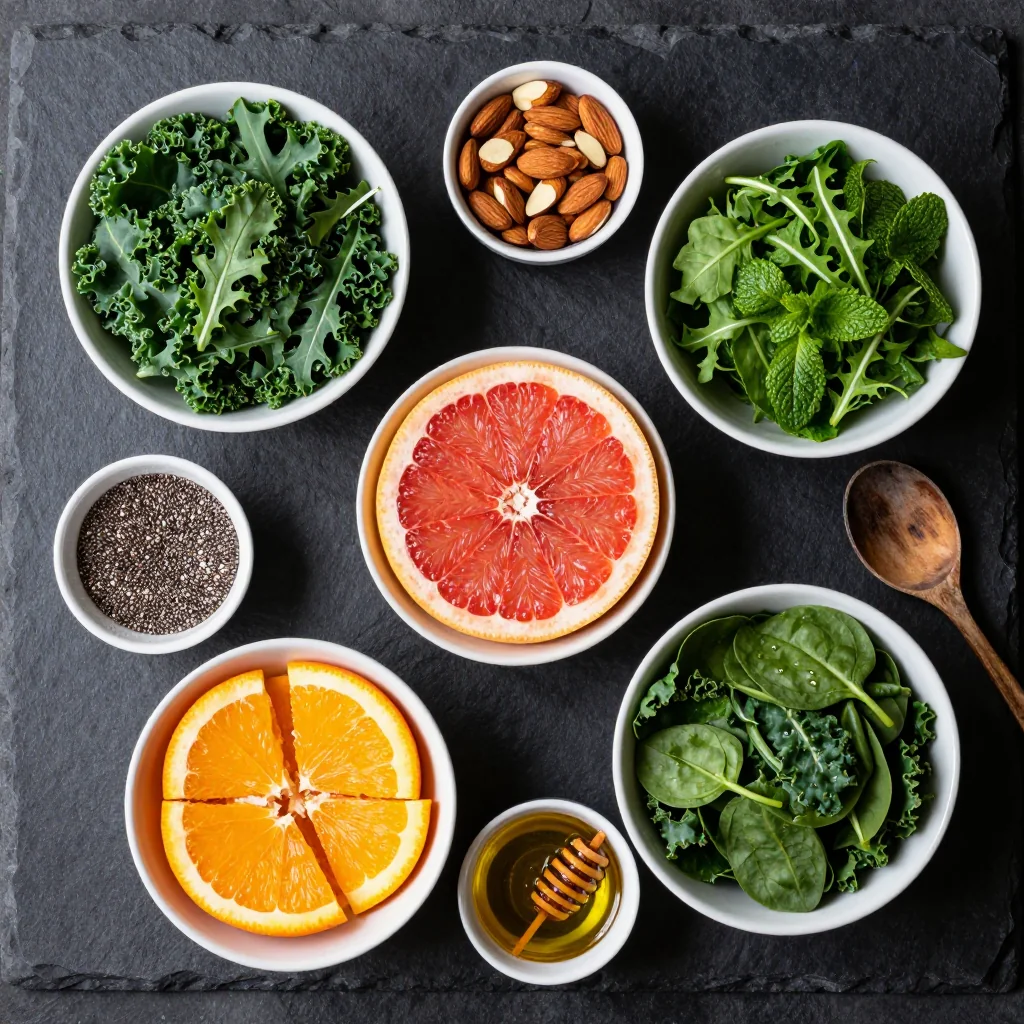 Ingredients for healthy citrus salad with grapefruit oranges and winter greens for breakfast