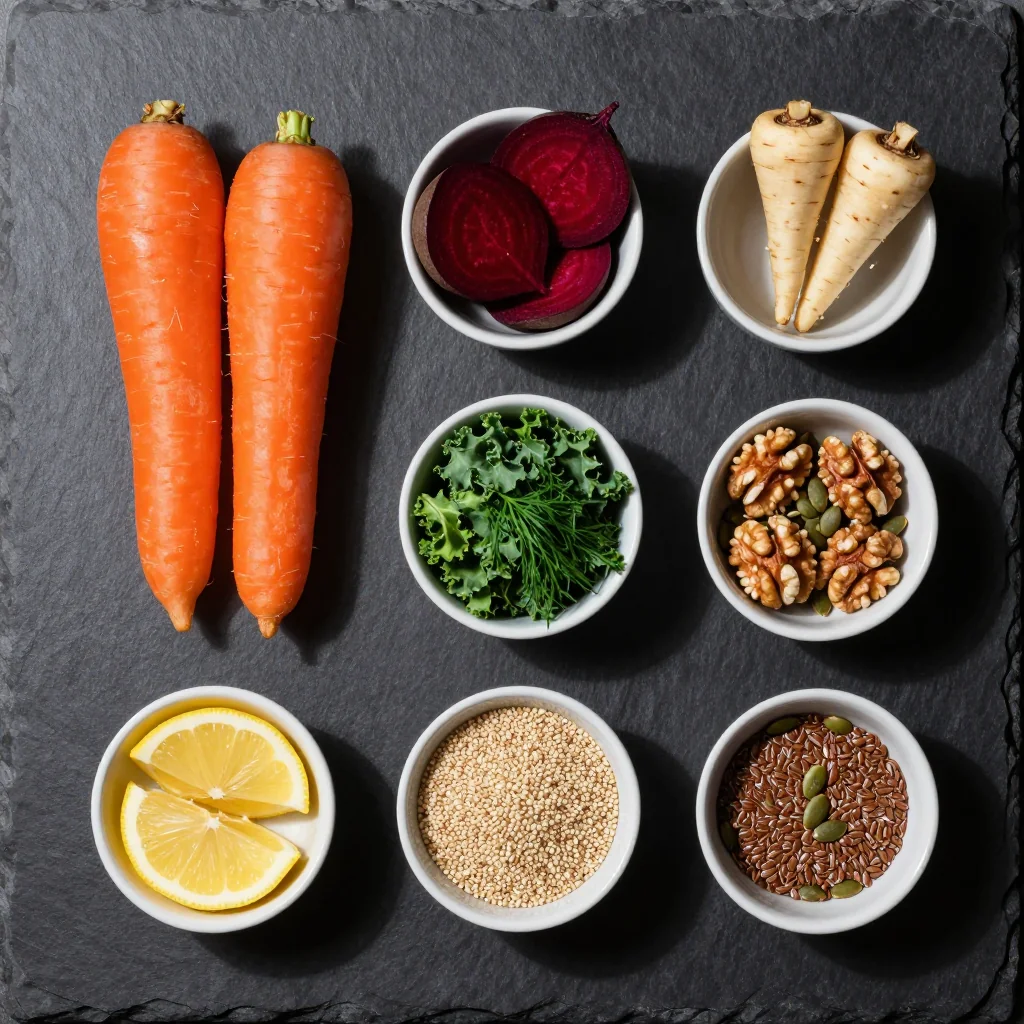 Ingredients for healthy clean eating recipes featuring carrots beets and parsnips