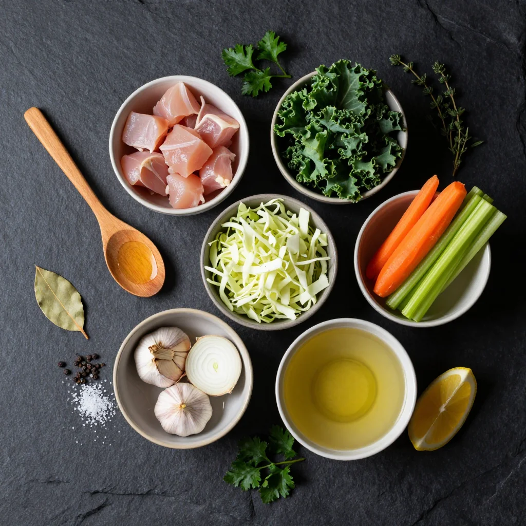 Ingredients for healthy high protein chicken and cabbage soup for cold family nights
