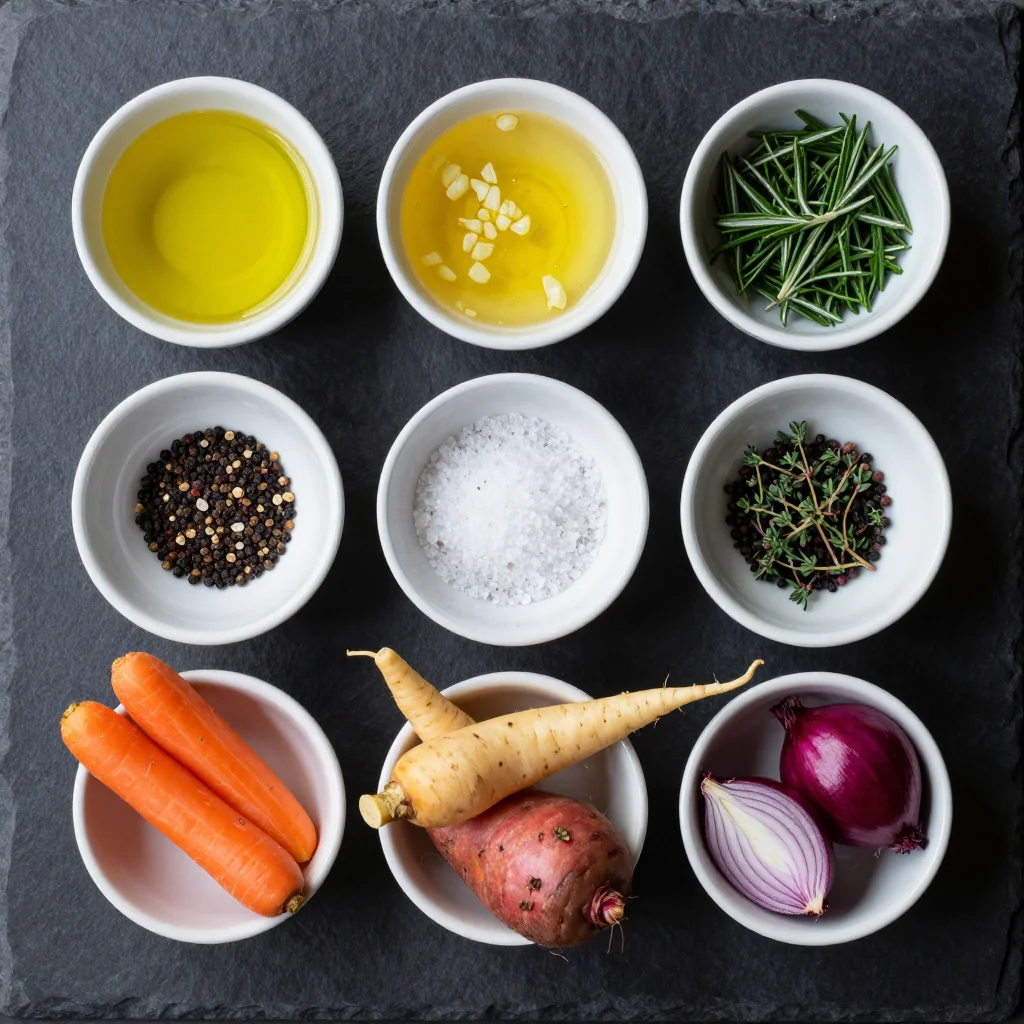 Colorful array of fresh root vegetables, lemons, and herbs arranged on a wooden cutting board