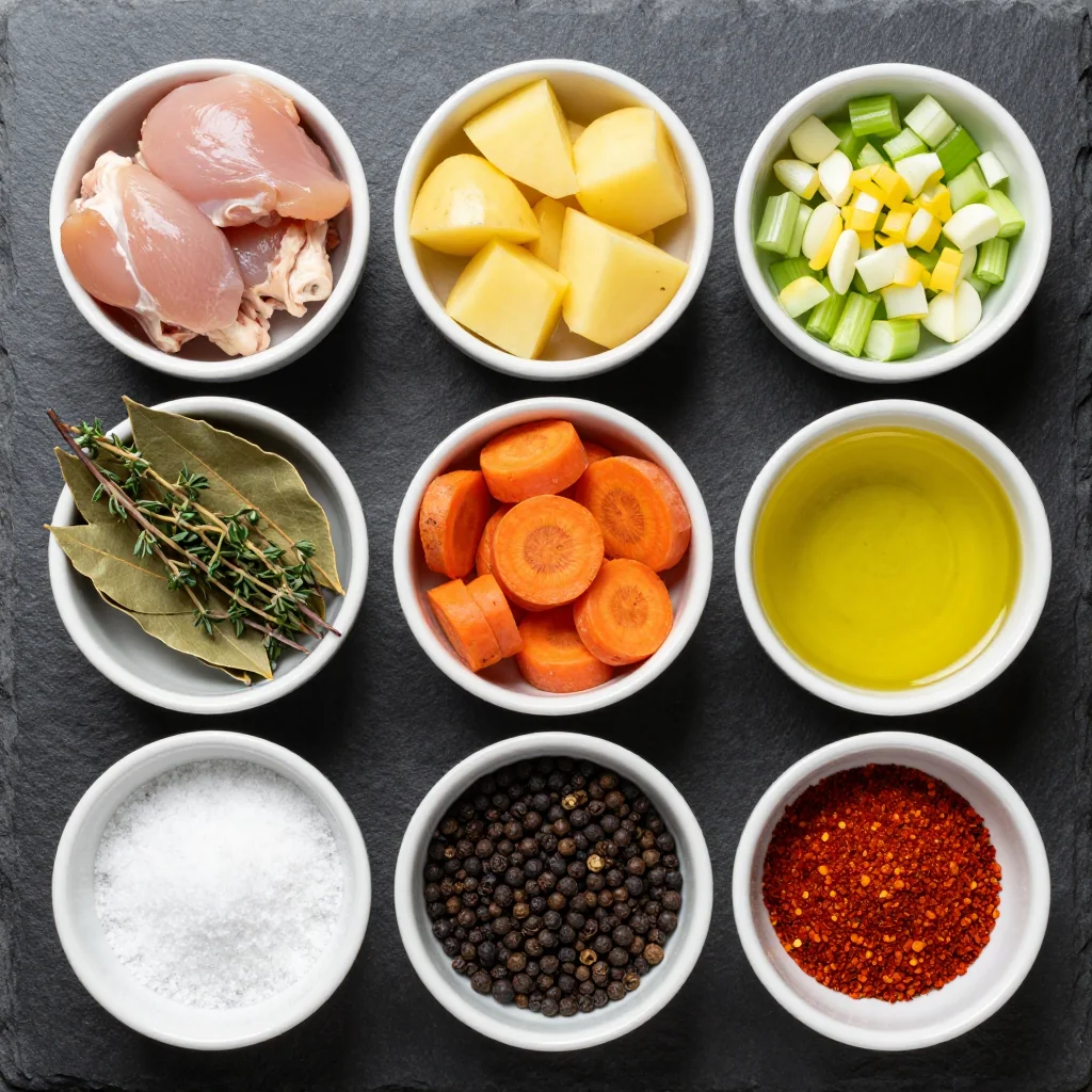 Ingredients for healthy onepot chicken stew with roasted carrots and potatoes