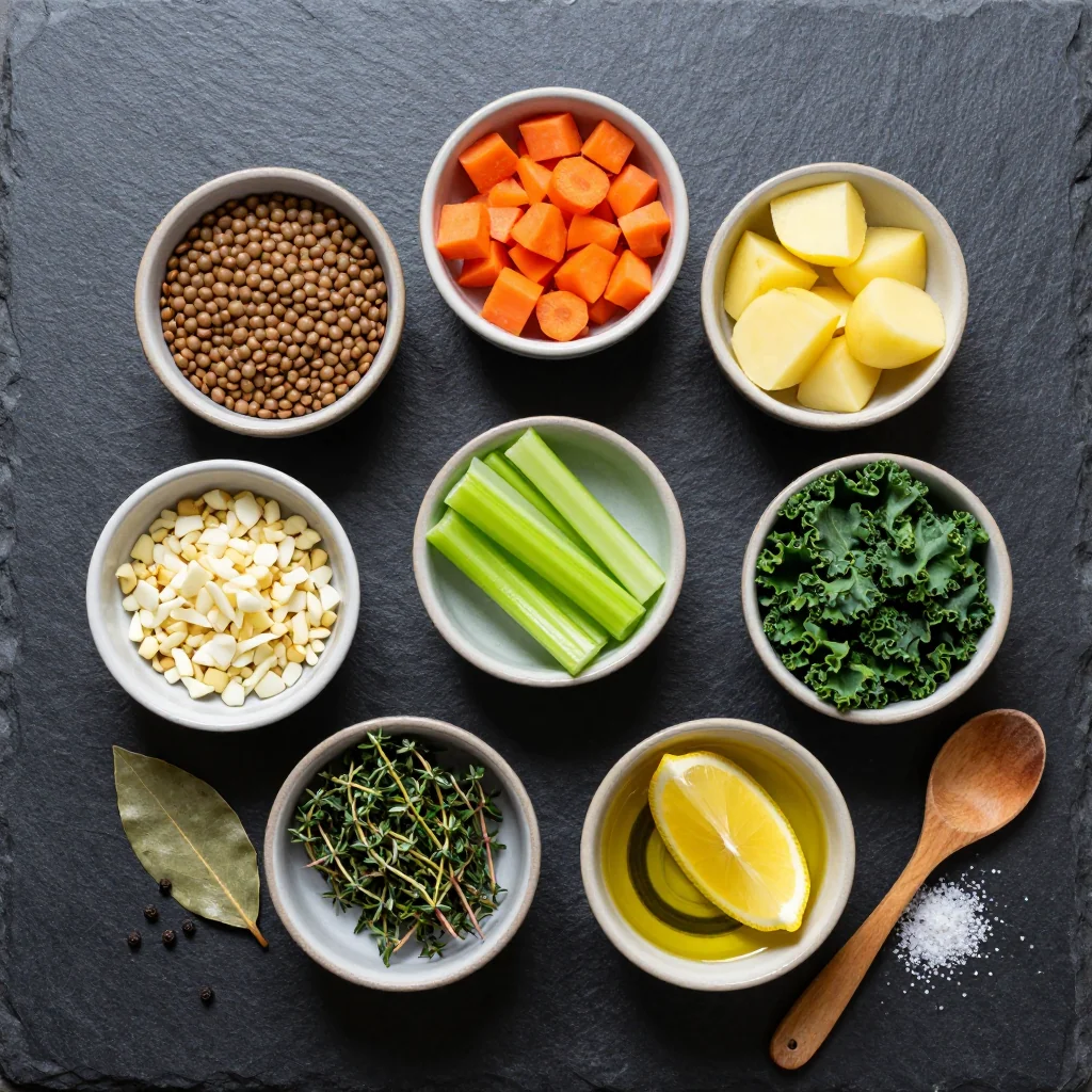 Ingredients for healthy onepot lentil and root vegetable soup for nourishing family nights
