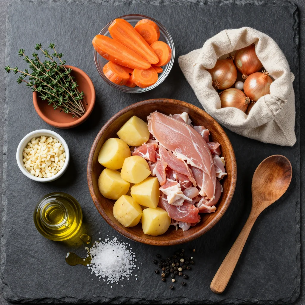 Ingredients for healthy slow cooker turkey stew with carrots potatoes and thyme