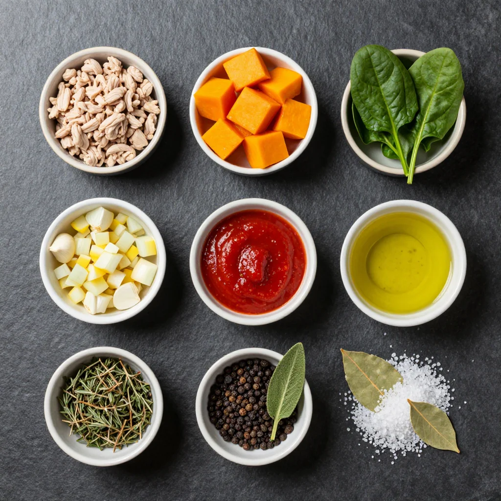 Ingredients for healthy slow cooker turkey stew with winter squash and spinach
